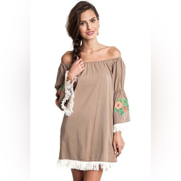 Umgee Boho Tan Mini Dress Scoop Neck Bell Sleeves Fringe Fall Women’s XL Floral - Picture 1 of 8
